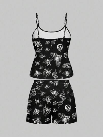 Goth Ensemble pyjama camisole et short imprimé chauve-souris gothique, papillon, serpent et araignée, grande taille. Vêtements de nuit décontractés.