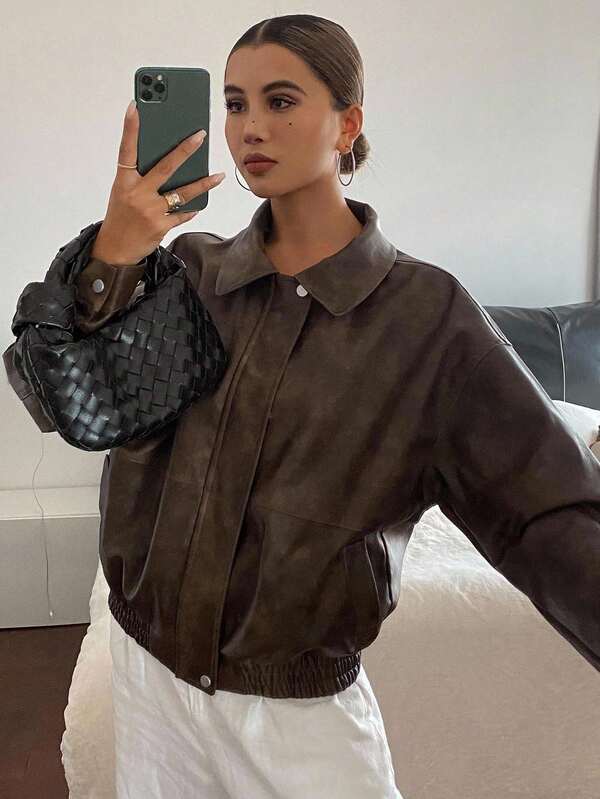 DAZY Women's Autumn PU Hem Loose Casual Jacket