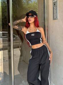 Bearsaez Damen Y2K Party Lässig Gym Kleidung Kontrast-Farbiges Neckholder Ärmelloses Top, sportlicher Alltagsstil - Schwarz - Übersicht 5
