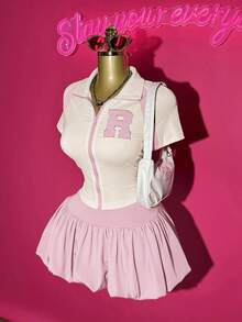 Slaydiva 2025春夏新款休闲街头Y2K可爱嘻哈风绿色撞色拉链外套+蓬松泡泡裙两件套，适合复活节、音乐节、日常穿着、派对、圣诞节、情人节、约会、海滩、邮轮、狂欢节 - 粉色 - 查看 1