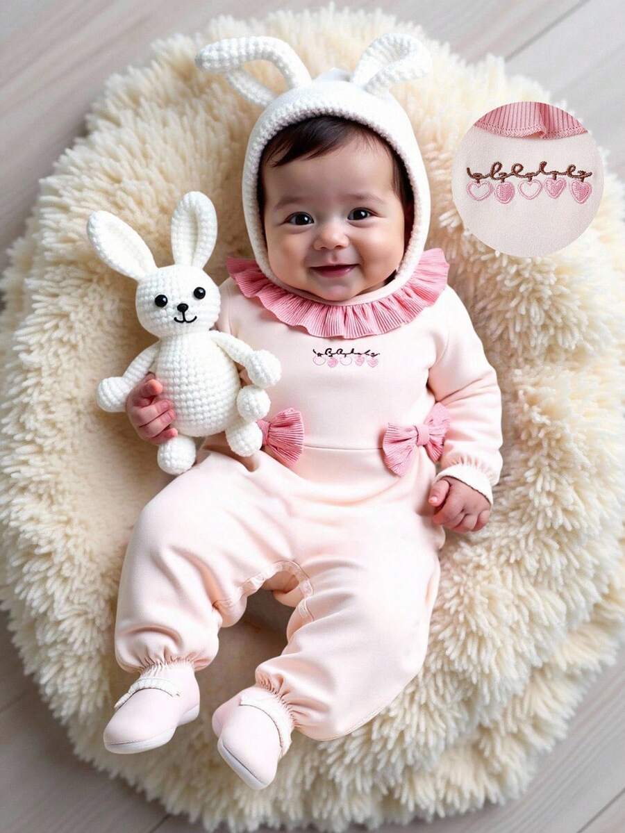 SHEIN 女婴休闲可爱荷叶边领蝴蝶结长袖连体衣 - 杏色 - 查看 1