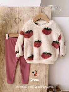 LMoss Kids LMoss  2pcs Baby Girl Knitted Fluffy Strawberry Pattern Casual Sweatshirt And Leggings Set,Pink Leggings,Styles Confortables D'automne&Hiver,Pullover,Gemütliche Herbst- & Winterstile,Cozy Fall & Winter Styles