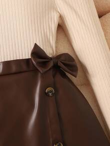 SHEIN Tween Girl Mock Neck Puff Sleeve Snug Fit T-Shirt Paired With PU Button Bow Skirt - Multicolor - View 3