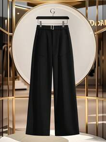 GlowEve 女式优雅口袋装饰高腰阔腿裤 - 黑色 - 查看 3