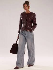 SHEIN BAE 女式秋季仿鳄鱼纹长袖单排扣时尚夹克 - 酒紅色 - 查看 3