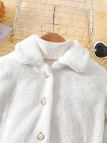 Young Girl Cute White Fluffy Comfortable Autumn/Winter Pearl Button Black Bow Heart Decor Jacket, Super Adorable Fall