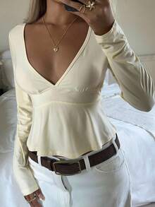 SHEIN EZwear 大码女士性感纯色深V领上衣，秋冬季，优雅，奶油黄，长袖，通勤、约会、聚会、保暖、派对、外出、婚礼宾客，时尚，圣诞节、新年、感恩节、派对、婚礼，优雅休闲奶油色长袖上衣 - 黃色 - 查看 6
