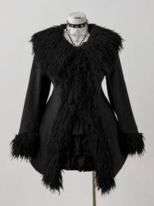 Sunspun Plus Size Fur Collar Waist Cinched Long Sleeve Coat