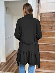 SHEIN LUNE Autumn/Winter Western Style Ruffle Collar Khaki Belted Long Sleeve Trench Coat For Women, Button Closure, Ruffle Hem, Practical Pockets "LanaWest" - Black - View 2
