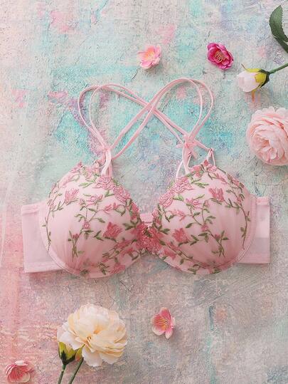 FloralLove Embroidered Floral Underwire Padded Push-Up Front Closure Cleavage Enhancing Comfy Balconette Cute Romantic Bowknot Adorable Doll Style Ladies Bra Floral Bra Floral Lingerie Set