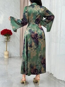 Modelyn Women's Elegant Floral Print Flare Sleeve Dress Green Floral Dress Women Green Satin Dress