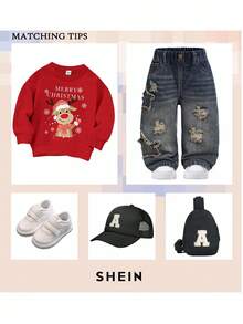 SHEIN Baby Boy Casual Cute Vintage Star Design Fringed Ripped Loose Fit Blue Jeans,For Fall/Winter Outdoor Wear And Daily Wear - Dark Wash - View 2