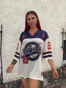 Bearsaez Casual Retro Letter & Number Badge Placement Mesh Letter & Number Print Women T-Shirt, Suitable For Summer & Sports Season - Multicolor - View 6