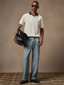 AKNOTIC Men's Casual Washed Rivet Decorated Denim Jeans - Baby Blue - View 2