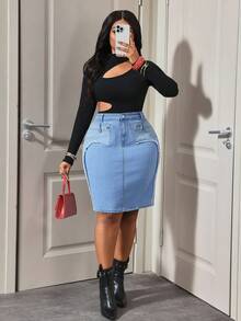 Slaydiva Plus Size Women High Waist Frayed Hem Design Pencil Denim Mini Skirt - Blue - View 7