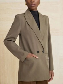 Aveloria Modichic Áo khoác Blazer nữ màu trơn hai hàng khuy phong cách công sở, đi làm, mùa thu - màu xanh lá - Xem 4
