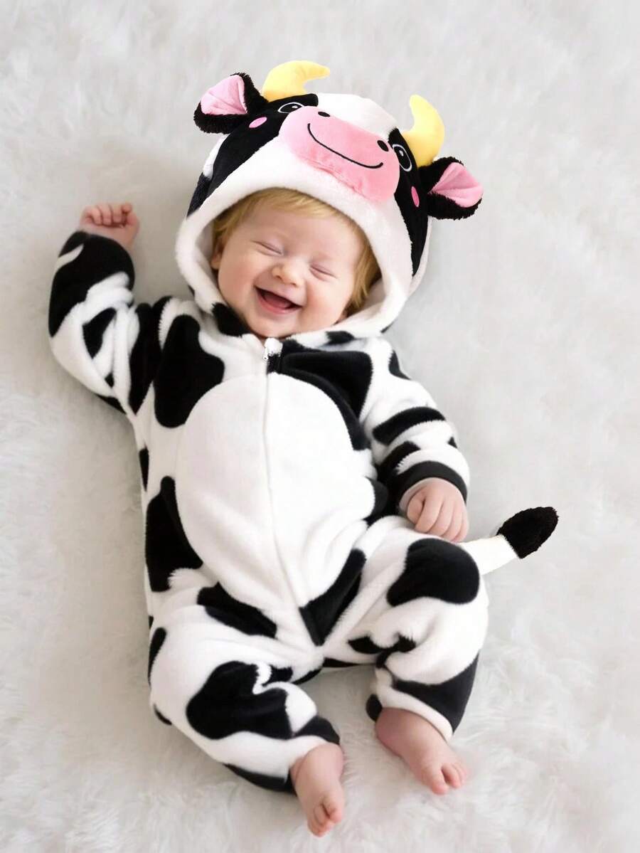 SHEIN Newborn Cow Shaped Outfit, Cute 3D Embroidered Hat, Plush Long Sleeve Jumpsuit With Long Pants, Baby Clothing Set - Black and White - View 1