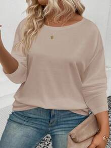 EMERY ROSE Women's Round Neck Long Sleeve All-Match Casual Plus Size T-Shirt, Suitable For Summer And Autumn - Khaki - View 4