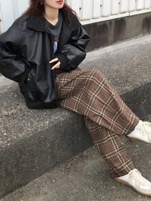 FRIFUL Women's Black Solid Color PU Fabric Stand Collar, Cuff & Hem Drawstring Loose Casual Padded Coat, Suitable For Autumn/Winter Jacket