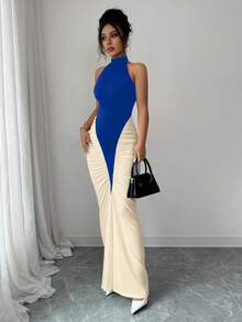 Elenzga Đầm suông cổ yếm màu đen trắng, thắt eo, viền đuôi cá thanh lịch dành cho nữ, thích hợp mặc đi làm và mặc hàng ngày - Xanh đậm - Xem 5