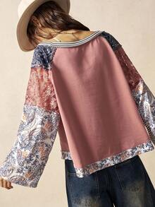Bohemela BOHO Countryside Vacation Casual Knit Striped Patchwork Paisley Print & Contrast Lace Loose Blouse For Women - Coral Pink - View 7