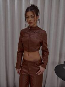 MUSERA Áo khoác cổ cao, khóa kéo phía trước, chất liệu giả da, có khuy bấm, kiểu dáng đường phố, thanh lịch, thường ngày, gợi cảm, màu kẹo bơ cứng. - màu nâu - Xem 1