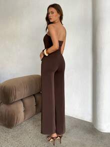 Aloruh Women's Minimalist Coffee Color Jumpsuit Pants For Commuting - Coffee Brown - View 3