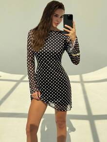 Aloruh Women's Polka Dot Print Round Neck Long Sleeve Backless Tie Design Fashion Dress