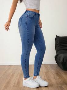 SHEIN PETITE 女式基本款口袋修身休闲百搭牛仔裤 返校秋季女装 商务休闲女式牛仔裤 - 中等水洗藍 - 查看 6