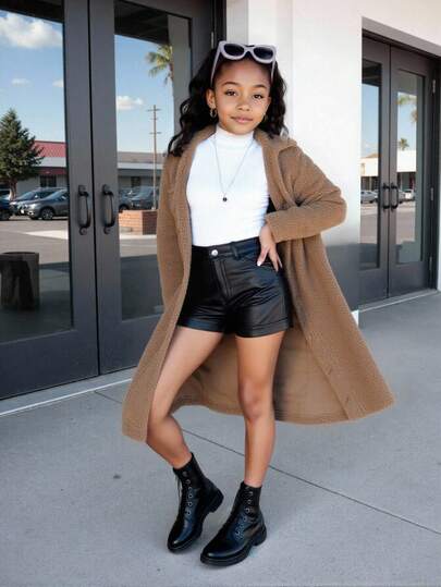 Tween Girl Cute Mid-Length Fluffy Warm Windbreaker Jacket, For Christmas