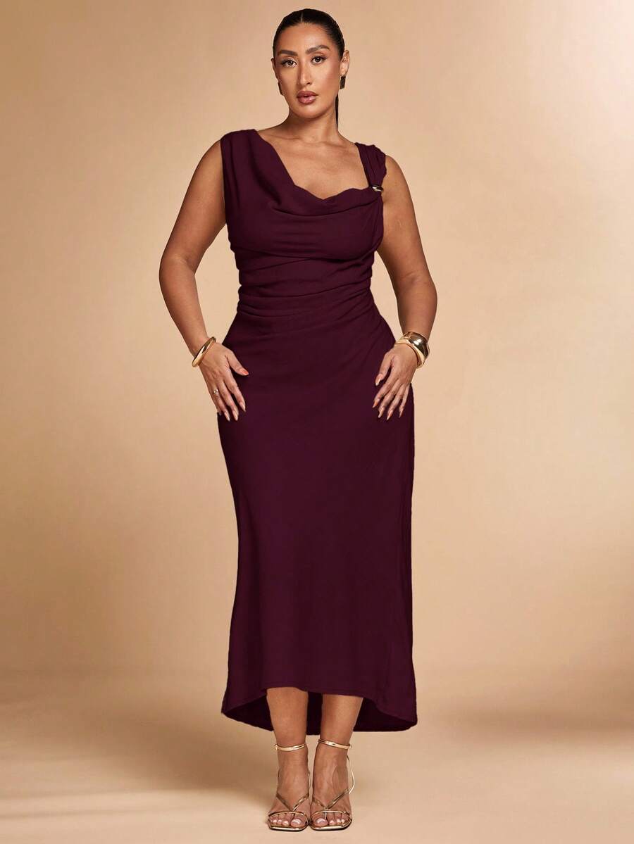 SHEIN BAE Plus Size Women Khaki Asymmetric Metal Dress - Maroon - View 1