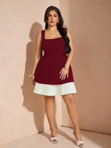 SHEIN BAE Robe romantique et douce pour rendez-vous pour femmes grandes tailles en noir et blanc, pièce superposable avec des détails de dentelle florale contrastés, convient pour le printemps, l'été et l'automne - Rouge foncé - Voir 4