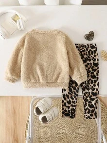 Conjunto de top de manga larga con estampado de dibujos animados de peluche lindo y pantalones térmicos con estampado geométrico forrados, para otoño/invierno - Multicolor - Ver 2