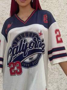 Bearsaez Casual Retro Letter & Number Badge Placement Mesh Letter & Number Print Women T-Shirt, Suitable For Summer & Sports Season - Multicolor - View 4