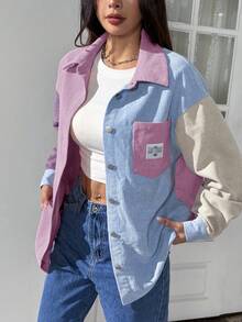 SHEIN EZwear 女士休闲紫色灯芯绒衬衫式长袖拼接设计，带领子和实用口袋，常规长度撞色外套，90年代风格女士灯芯绒外套，适合秋冬季节穿着。 - 紫色 - 查看 4