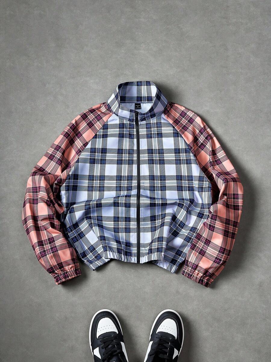 Manfinity EMRG Men's Plaid Raglan Sleeve Zip-Up Casual Jacket, Autumn - Multicolor - View 1