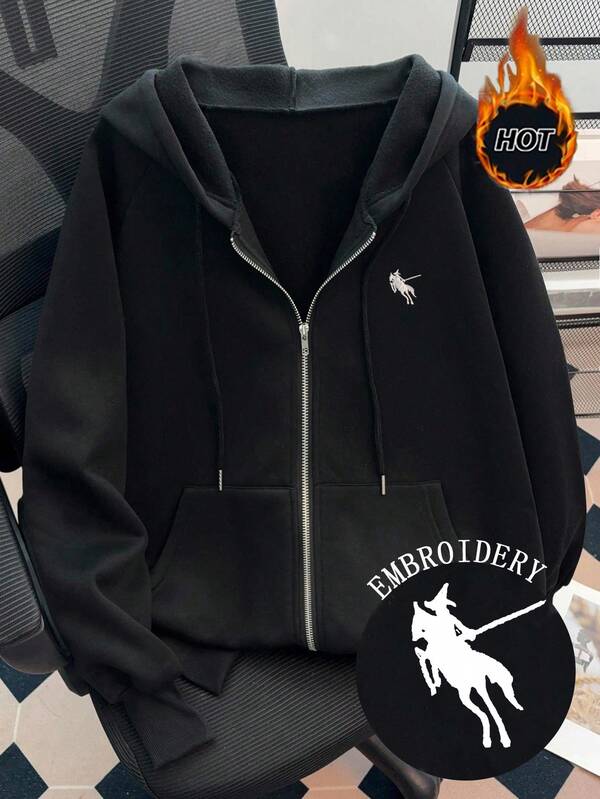 Resyla هودي مبطن حراري مزود بسحاب وخيط شد مطرز بالحصان