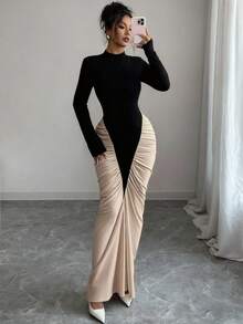 Elenzga 秋冬新款女式高领黑白拼色设计修身鱼尾下摆优雅中长连衣裙，适合日常通勤、约会、节日、婚礼、派对、情人节 - 杏色 - 查看 6