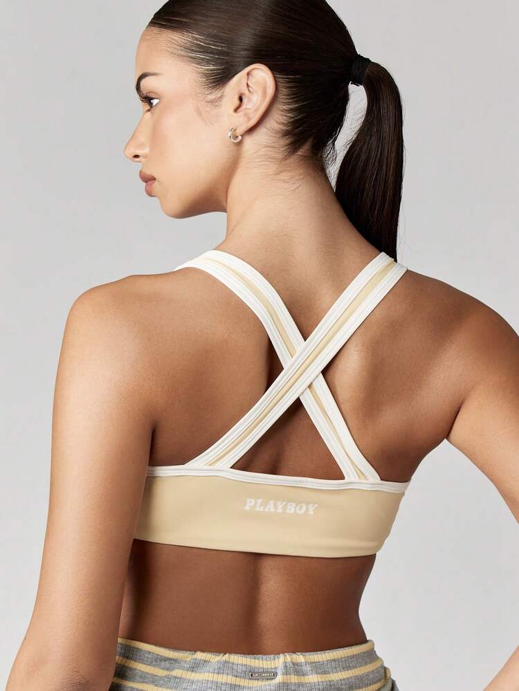Missguided x Playboy V-Ausschnitt Cross-Back Sport-BH mit hoher Stützwirkung, feuchtigkeitsableitend, für Athletik, Laufen, Training, Fitness-Aktivitäten