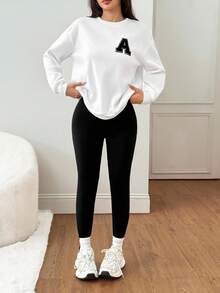 SHEIN PETITE 女秋冬新款运动卫衣打底裤套装休闲显瘦家居服小码升级版 - 黑與白 - 查看 7