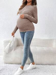 SHEIN Áo thun dài tay màu trơn thoải mái dành cho bà bầu, thích hợp mặc hàng ngày. - Màu Khaki - Xem 4