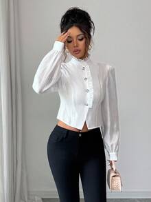 Elenzga 女式优雅荷叶边领长袖修身短款衬衫，春秋 - 白色 - 查看 7
