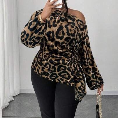Camicetta elegante e casual da donna taglie forti con spalla obliqua, volant, stampa floreale a rose, vita svasata, stampa leopardata, adatta per prim