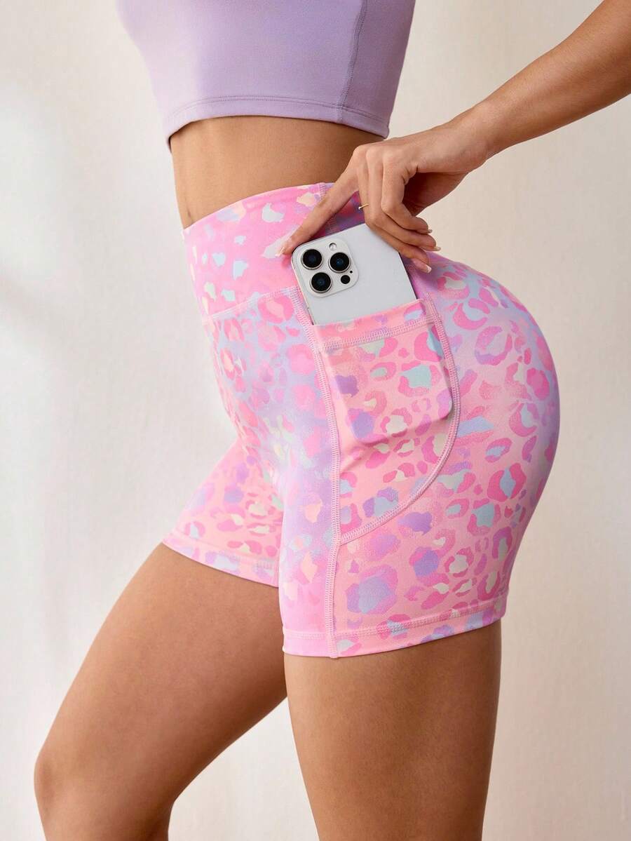 SHEIN Sovereign Charm Quần short họa tiết da báo nhiều màu có túi dành cho nữ, đồ thể thao - Hồng - Xem 1