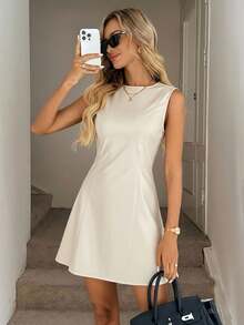 Easowa 棕色 PU 女式无袖 A 字迷你连衣裙，秋冬款 - 杏色 - 查看 3