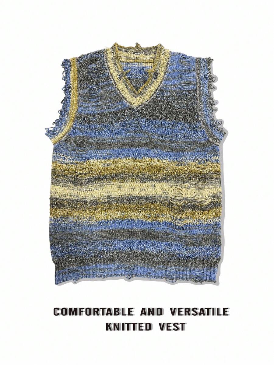 Manfinity CasualKnits 休闲百搭宽松V领男士毛衣背心，适合秋冬 - 黃色 - 查看 1