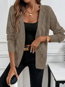 EMERY ROSE Casual Comfortable Hollow Diamond Pattern Cardigan For Women - Khaki - View 5