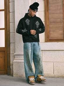AXEPEAK Men's Autumn/Winter Rhinestone Cross Pattern Loose Fit Casual Hoodie Sweatshirt - Black - View 5