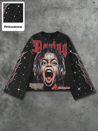 Street Life Men & Boys Graphic Print Rhinestone Embellished Pullover Sweatshirt, For Fall