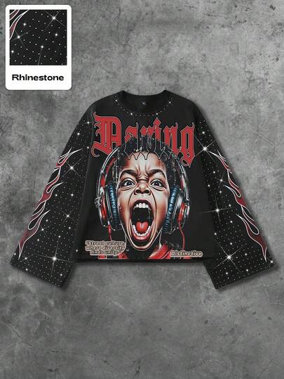Street Life Sudadera con estampado gráfico y adornos de rhinestone para hombres y niños, para el otoño